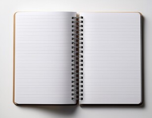 a realistic spiral bound notepad opened to blank white lined pages on a white background showcasing a clean and modern note taking surface
