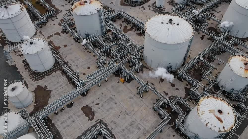 Poster an aerial view showcases a large industrial site filled with storage tanks and interconnected pipeli
