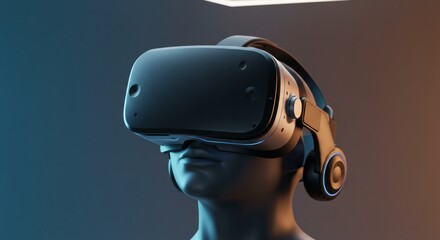 Futuristic virtual reality headset on abstract mannequin head for immersive experience