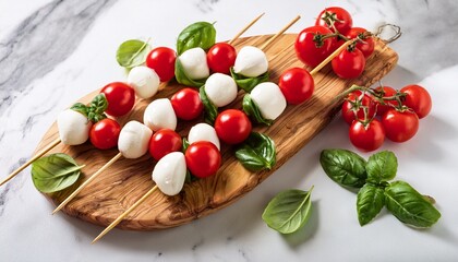 caprese skewers with cherry tomatoes and mozzarella on marble background