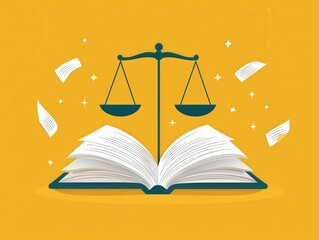 An open book and scales of justice symbolize law, fairness, and knowledge on a yellow background with floating pages.
