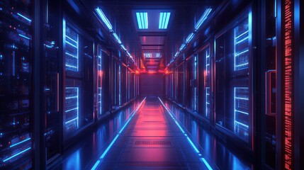 Fototapeta premium Neon-Lit Server Room: A Futuristic Data Center Corridor