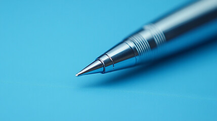 A gleaming silver pen poised to write symbolizing creativity and precision against a soothing blue backdrop in macro
