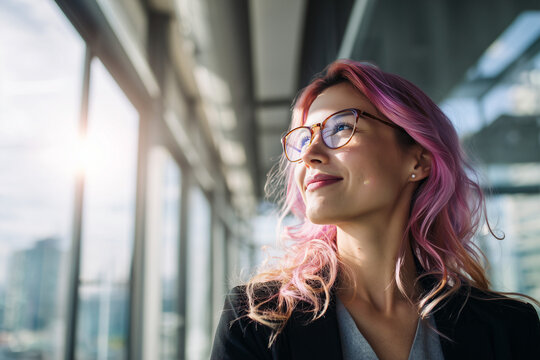 Happy LGBTQ businesswoman with pink hair smiling by city office window. Inclusive workplace diversity. Mixed race lesbian executive enjoying her professional role.