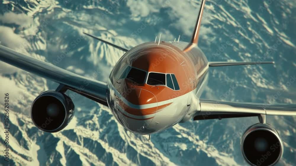 Poster an airplane flying above a mountain range with snow-capped peaks