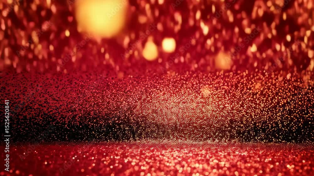 Poster close-up view of shimmering red and gold glitter particles in slow motion abstract background for ho