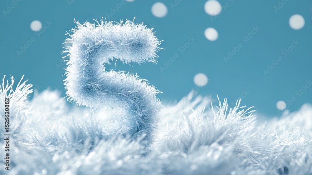Poster fluffy white number five surrounded by soft, textured fibers on a blue background, creating a whimsi