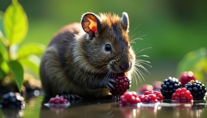 Water vole nibbling blackberries, direct gaze, fauna, summer, small