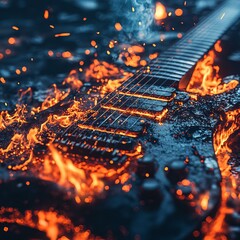 Electric guitar engulfed in flames, surrounded by glowing embers, showcasing a dramatic scene of passion and intensity in a fiery atmosphere, symbolizing music's powerful energy