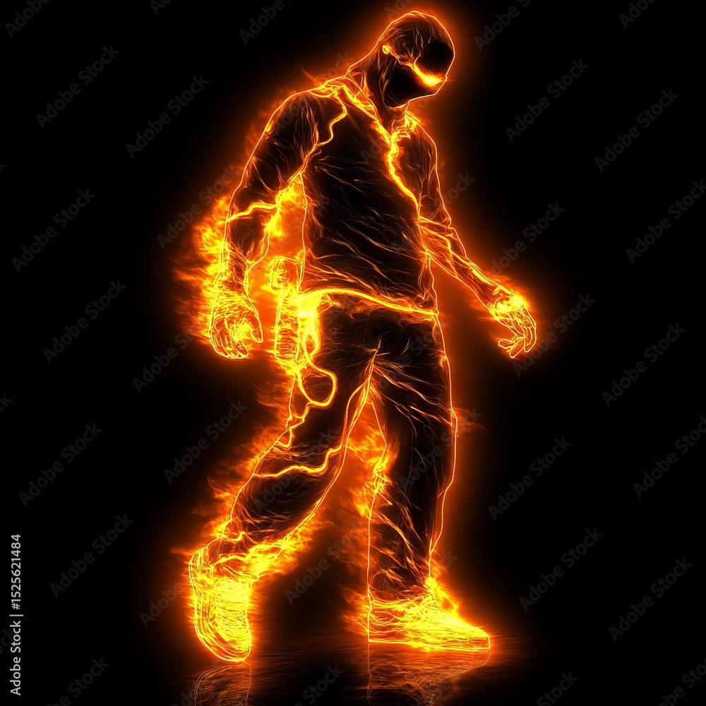 Aufkleber abstract illustration of a glowing figure walking, surrounded by vibrant orange energy, creating a d