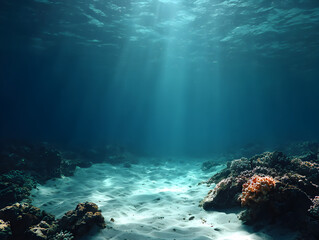 Obraz premium Peaceful Ocean Depths with Beautiful Sunbeams Shining Through Water Above Coral Reef Ecosystem