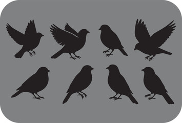Obraz premium Silhouette Illustration of Seven Birds in Various Poses Against a Gray Background Some Flying and Others Perched Creating a Simple yet Elegant Composition