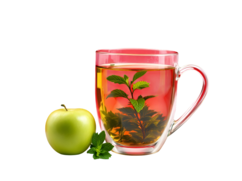 A glass mug filled with tea and leaves next to a green apple on a black background studio shot still life - Powered by Adobe