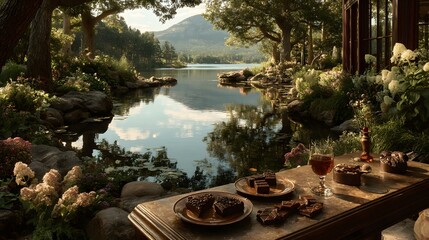 Tranquil Lakeside Picnic with Food, Wine, Flowers, and Mountain View