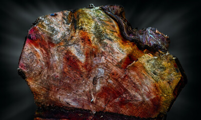 Sawed-off stump of a large shrub altered to look like a block of petrified wood