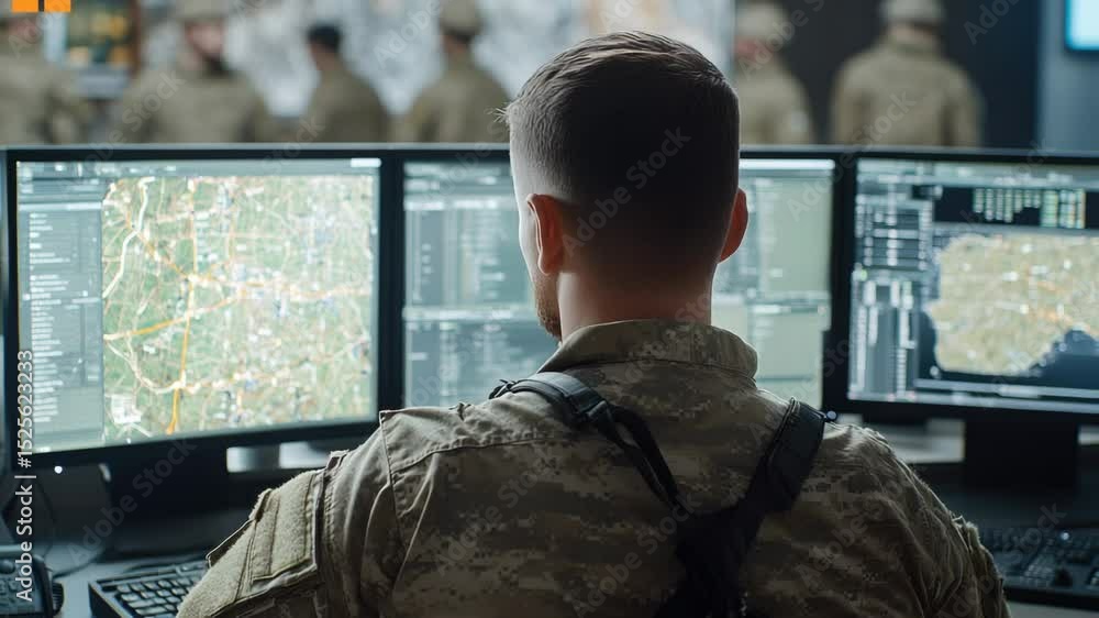 Poster military personnel monitoring computer screens with serious expression
