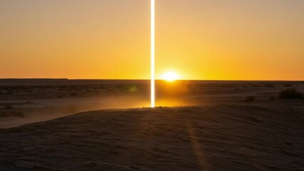A bright beam of light shines upwards from the desert floor during a golden sunset landscape view - Powered by Adobe