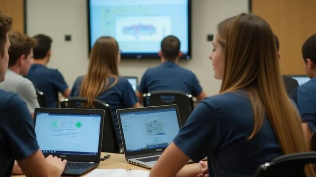 Students, attending a lesson, with computers, in a modern classroom environment - Powered by Adobe