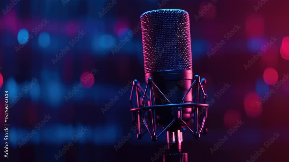 Poster A close-up of a microphone with a bright red light shining from behind, ideal for use in presentations, concerts, or recording studio settings