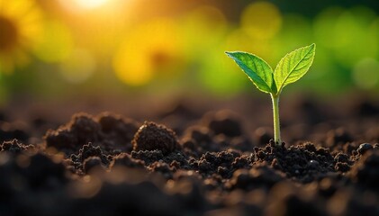Close-up view of freshly planted sunflower seeds in rich, dark soil, ready to sprout and grow Sunlight gently illuminates the scene, promising a bountiful harvest , nature, rich soil
