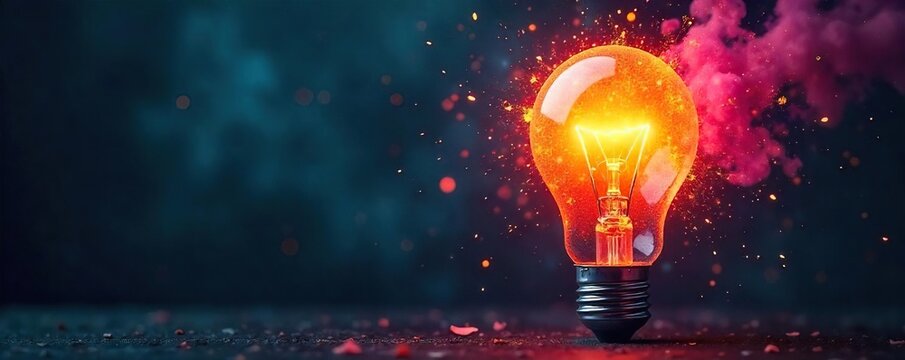 A lightbulb explodes with vibrant colors, symbolizing innovative thinking and creative breakthroughs, radiating energy and inspiration , knowledge, glow, sparkle