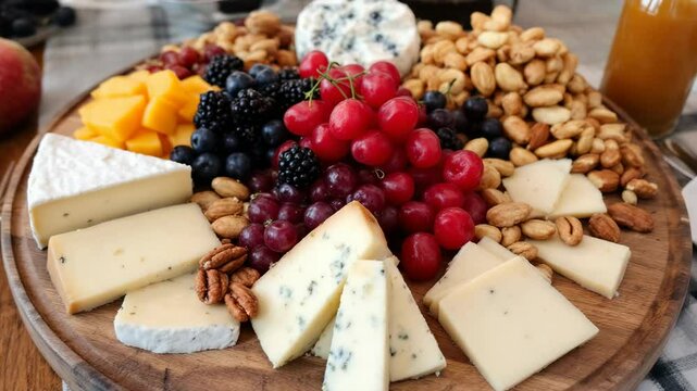 An enticing cheese and fruit platter featuring an assortment of cheeses, grapes, and nuts