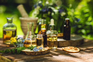 Concept of pure natural ingredients for cosmetic production. Alternative herbal medicine. Bottles of tincture or potion, organic essential oils, dry healthy herbs, floral extracts on wooden table