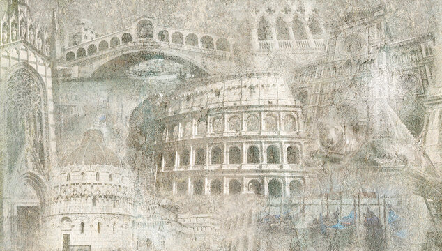 Montage photo of Italy on vintage background.Digital fresco. Fresco, tiles design.The collage for mural