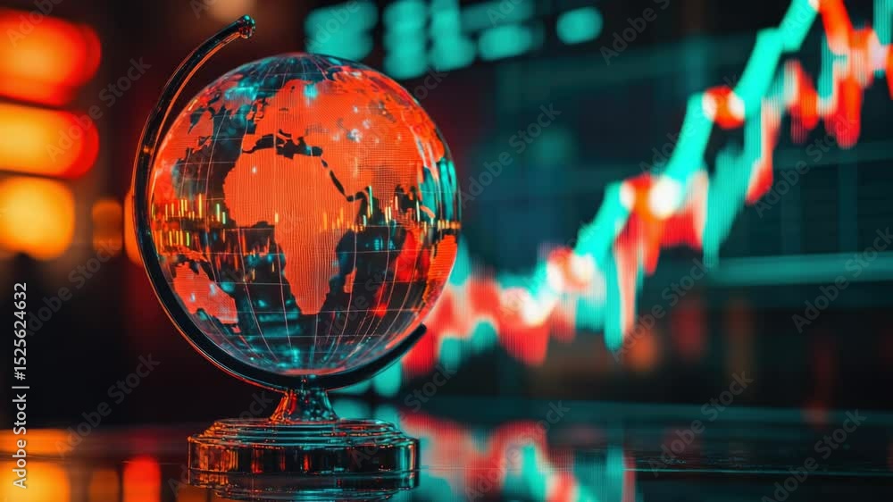 Poster A globe sits on a table next to a stock chart, providing context for financial analysis and global market insights