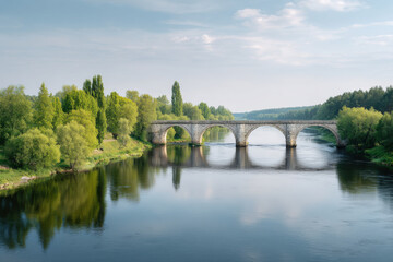 Fototapeta premium serene view of ancient bridges in izhvesk emphasizing intricate surface textures and lush greenery surrounding them