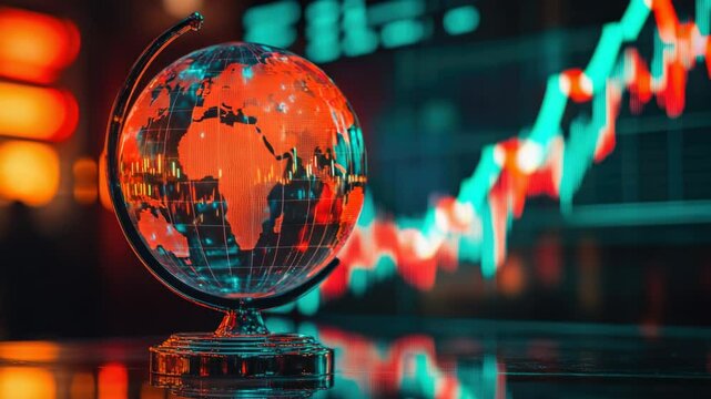 A globe sits on a table next to a stock chart, providing context for financial analysis and global market insights - Powered by Adobe