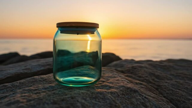 A glass jar with a wooden lid sits on rocks near the ocean during a vibrant sunset background view