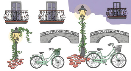 Obraz premium Romantic line art illustrations of charming city details. Hand-drawn wrought-iron balconies (charcoal black with rust accents), snippets of bridges (stone grey), whimsical bicycles (pastel mint green)