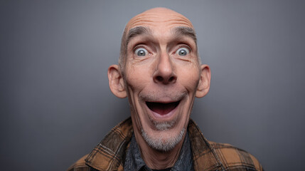 bald elderly man with no teeth and exaggerated crazy smile strong life experience in his eyes closeup portrait on
