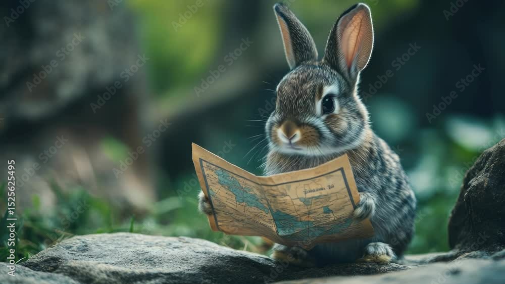 Poster A rabbit reading a map on a rock
