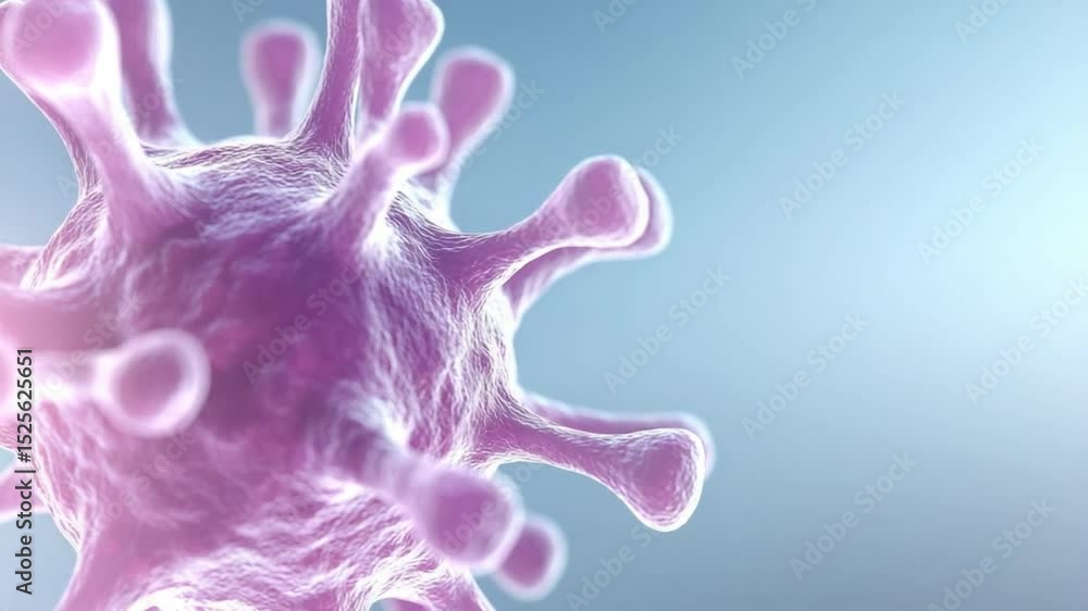 Poster microscopic menace: a detailed depiction of a menacing virus particle against a soft, inviting backd