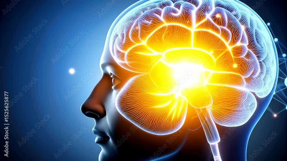 Poster digital visualization of the brain with highlighted neurons and neural network activity for medical 