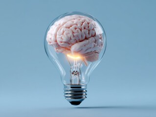 An idea symbolized by a glowing lightbulb with a brain inside it on a blue background.