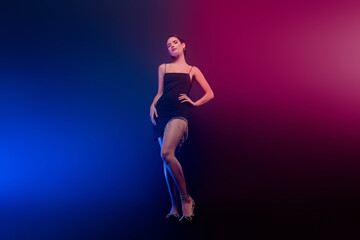 Full length photo of stunning adorable lady dressed sexy outfit enjoying ballet dance isolated blue color background