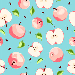 Seamless pattern with pink apples, leaves, and seeds on a blue background. Vector fruit print