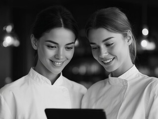 Two women chefs, smiling as they look at a tablet's recipe on the screen, showcasing professional teamwork and the use of technology for culinary skills.