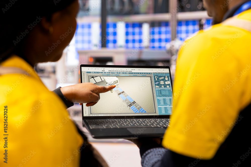 Poster smart factory experts use digital interface in optimization of industrial automation. technicians re