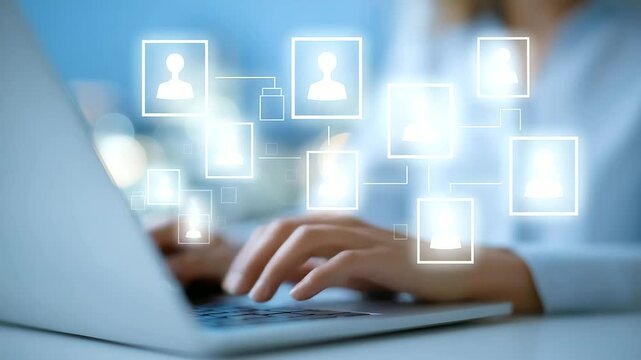 HR specialist analyzing digital resumes in a contemporary office setting.