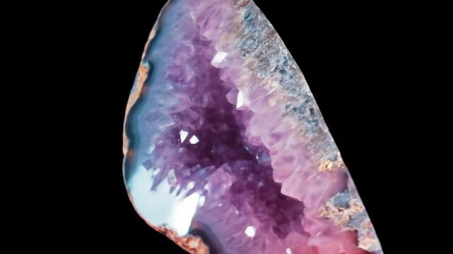 A polished agate slice with a purple crystal center on a black background close up studio shot view