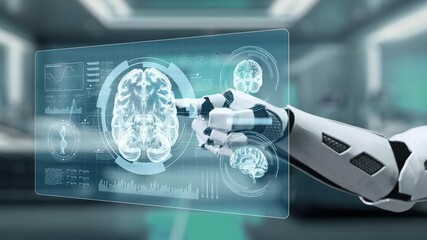 Close up of robotic hand pointing and tapping at brain hologram with blur laboratory background. Robot hand clicking at brain icon to access and connect medical data to diagnosis symptom. Salubrious. - Powered by Adobe