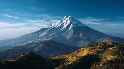 Stunning view of mountain peak with clear sky and clouds in the distance, showcasing the natural beauty and challenge of outdoor adventure.