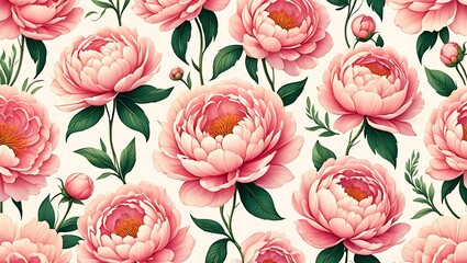 Elegant Pink Peony Floral Pattern Seamless Botanical Illustration