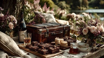 Luxury Picnic in Nature with Dessert, Wine, and Flowers by the Lake