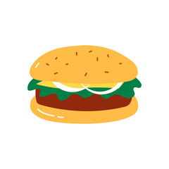 Cheeseburger isolated vector illustration, fast food element. Classic hamburger with cheese, onion, lettuce and beef patty. Simple burger object, flat and doodle