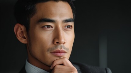 Young man with mustache and beard, hand on chin, wearing dark suit jacket.